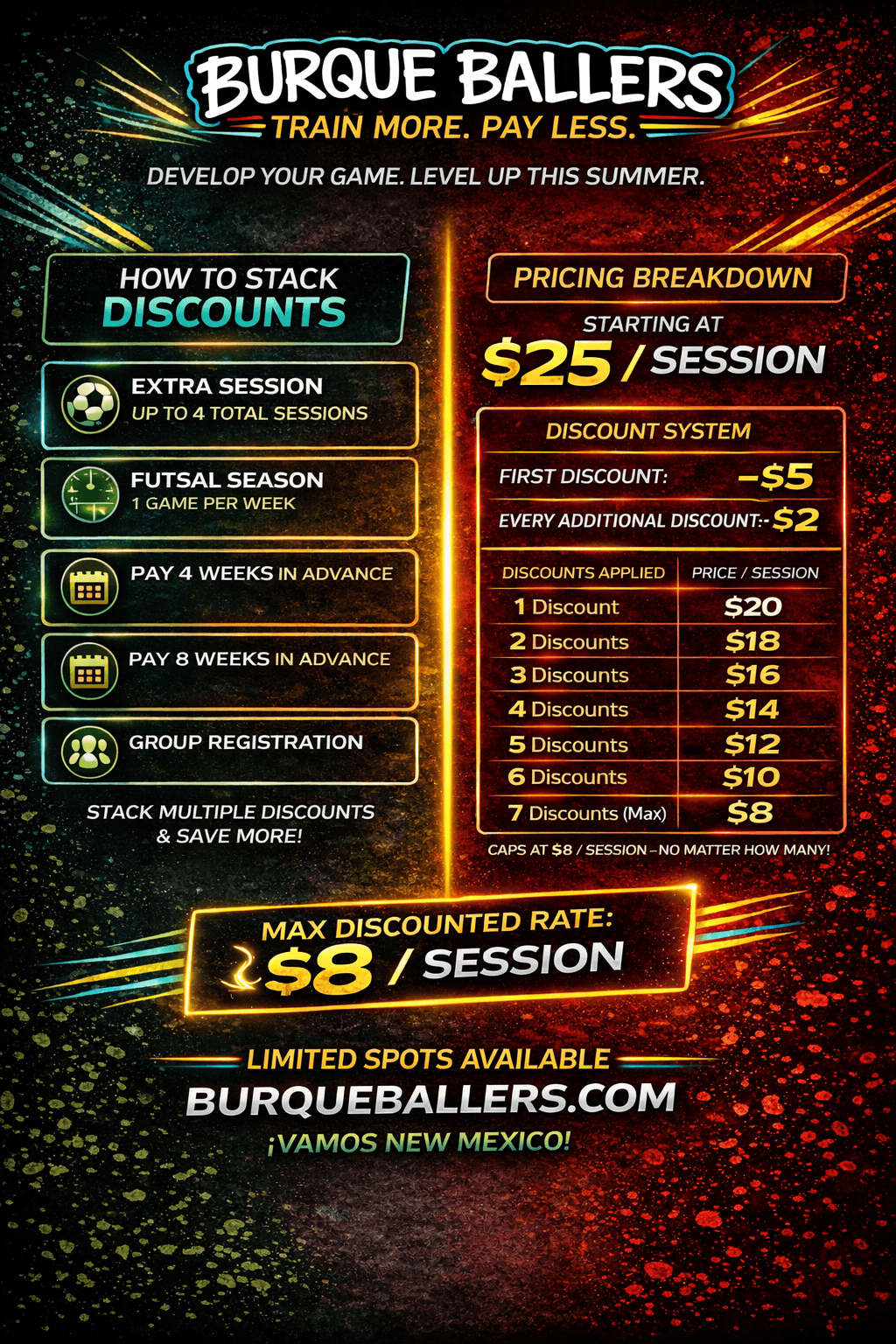 Burque Ballers Summer Academy pricing and discount breakdown flyer