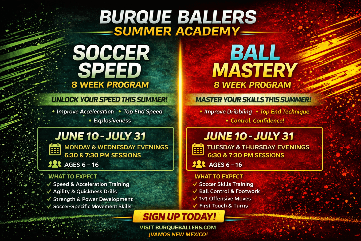 Burque Ballers Summer Academy flyer featuring Soccer Speed and Ball Mastery